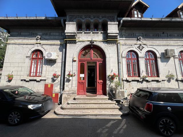 Casa DentalClinica din Strada Matei Voievod 112: ușa roșie în arc, treptele cu mozaic și ferestrele roșii