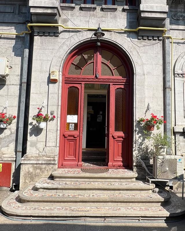 Intrarea în DentalClinica: ușa roșie în arc, cu trepte din mozaic