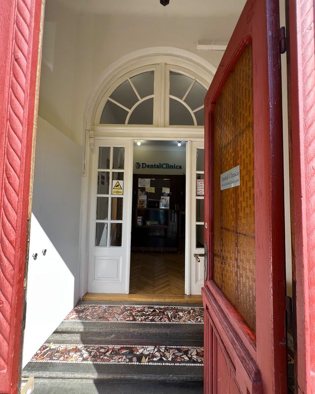 Vestibulul DentalClinica văzut prin ușa roșie deschisă: trepte cu mozaic, ușile albe interioare și recepția în față
