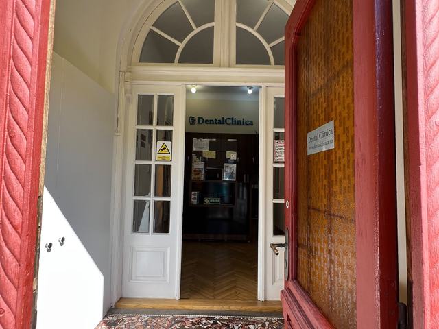 Vestibulul DentalClinica văzut prin ușa roșie deschisă: trepte cu mozaic, ușile albe interioare și recepția în față